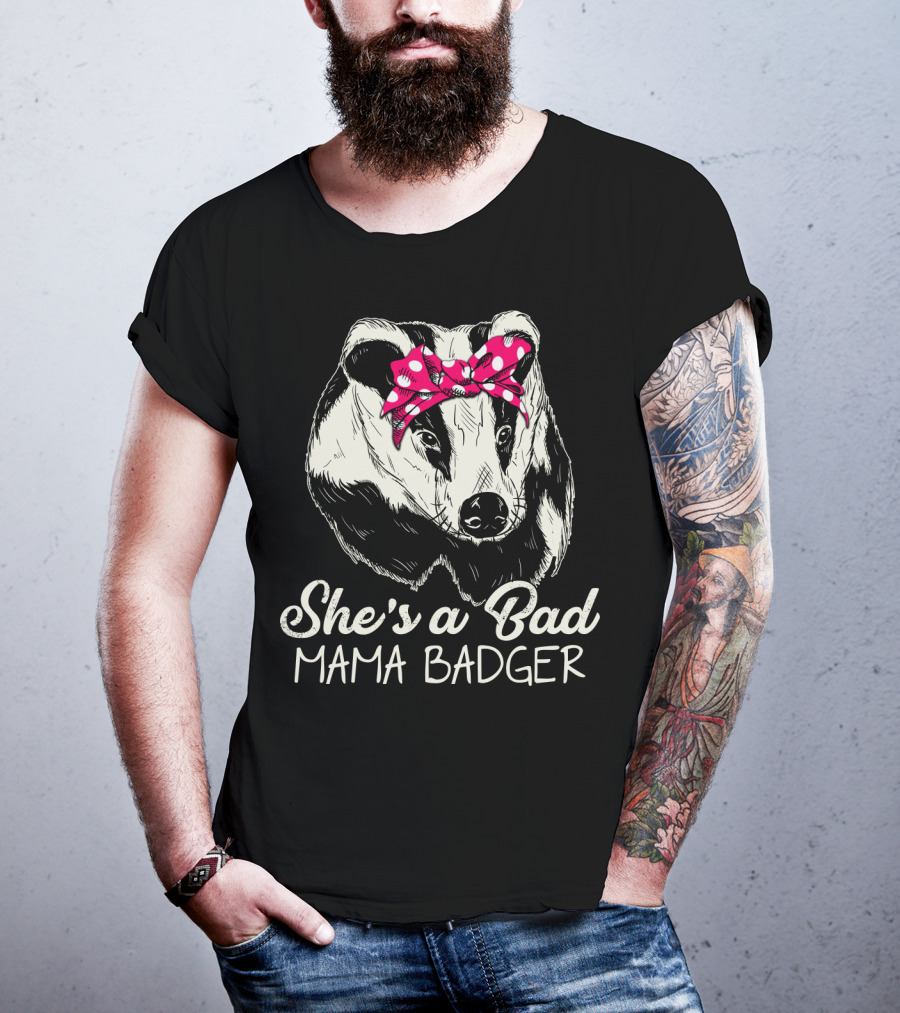 She's A Bad Mama Badger With Pink Polka Dot Bow T-Shirt