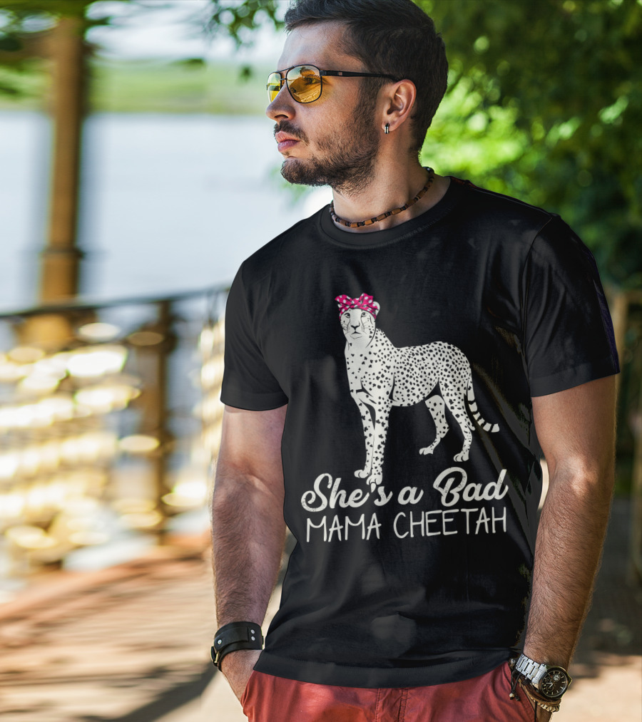 She's A Bad Mama Cheetah With Pink Polka Dot Bow T-Shirt