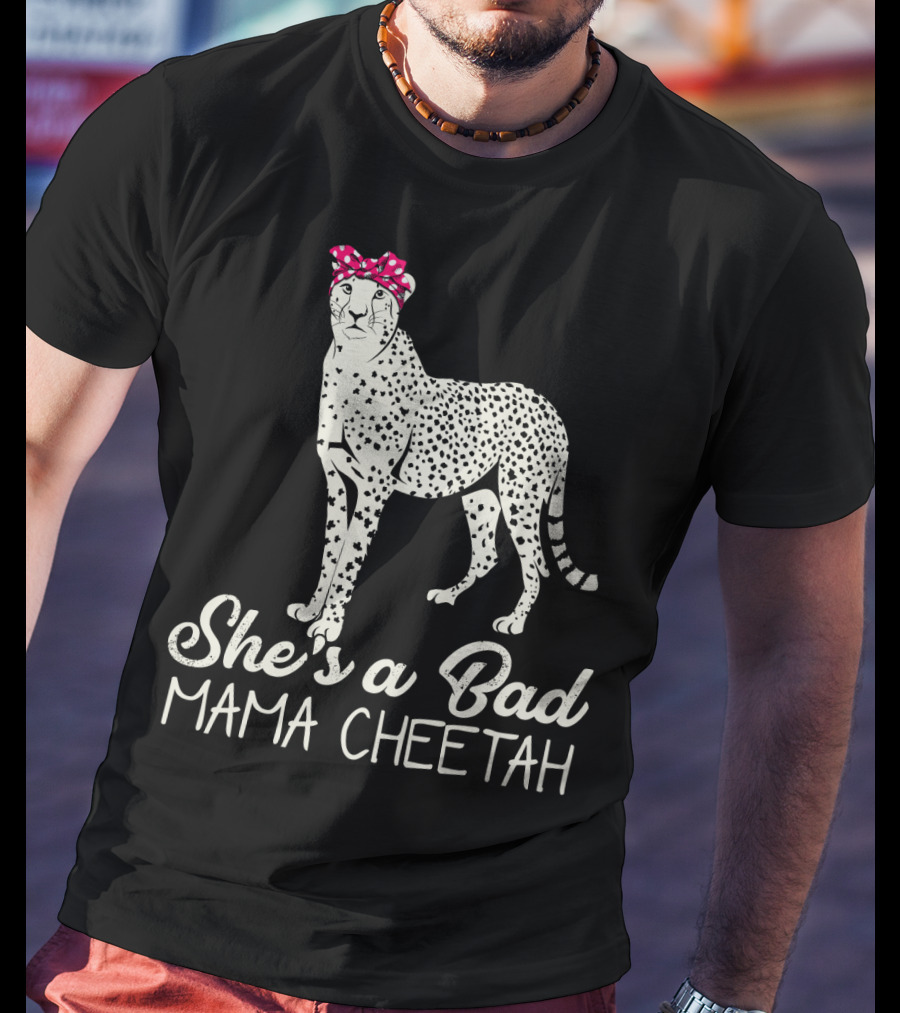 She's A Bad Mama Cheetah With Pink Polka Dot Bow T-Shirt