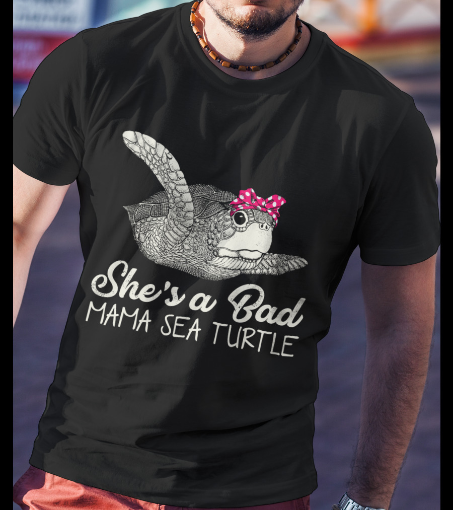 She's A Bad Mama Sea Turtle With Pink Polka Dot Bow T-Shirt