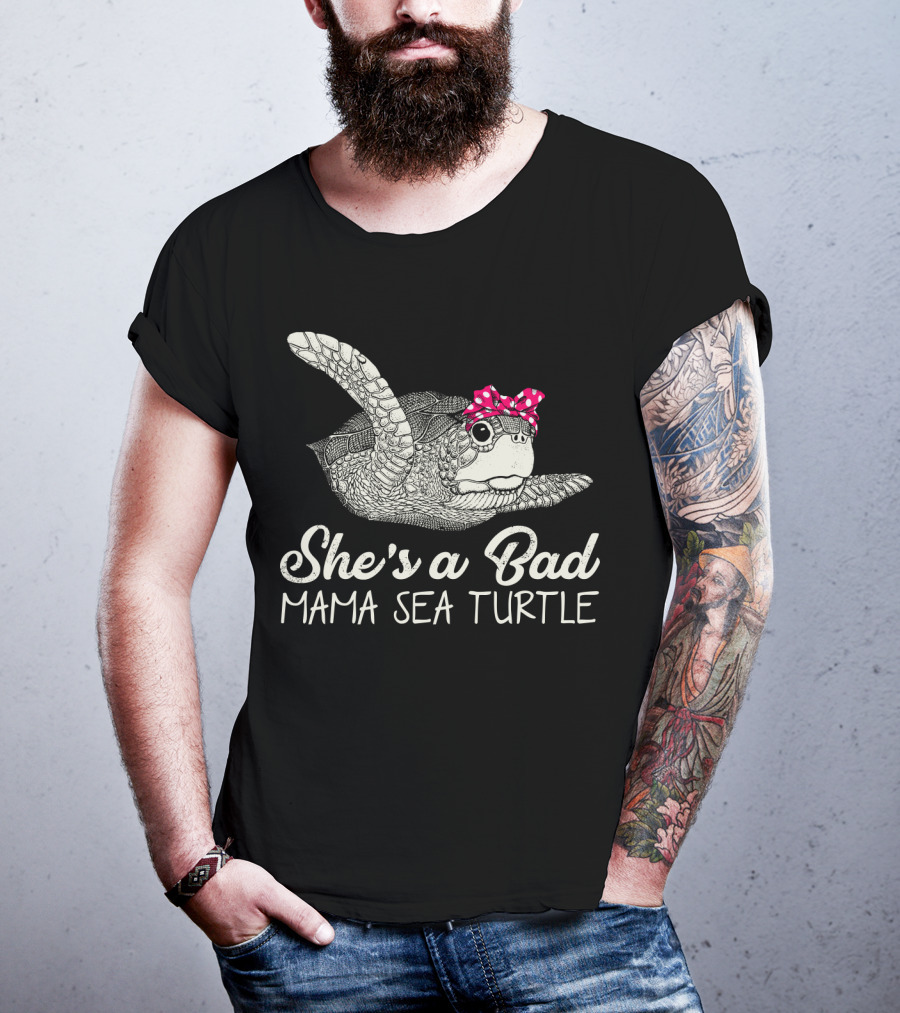 She's A Bad Mama Sea Turtle With Pink Polka Dot Bow T-Shirt