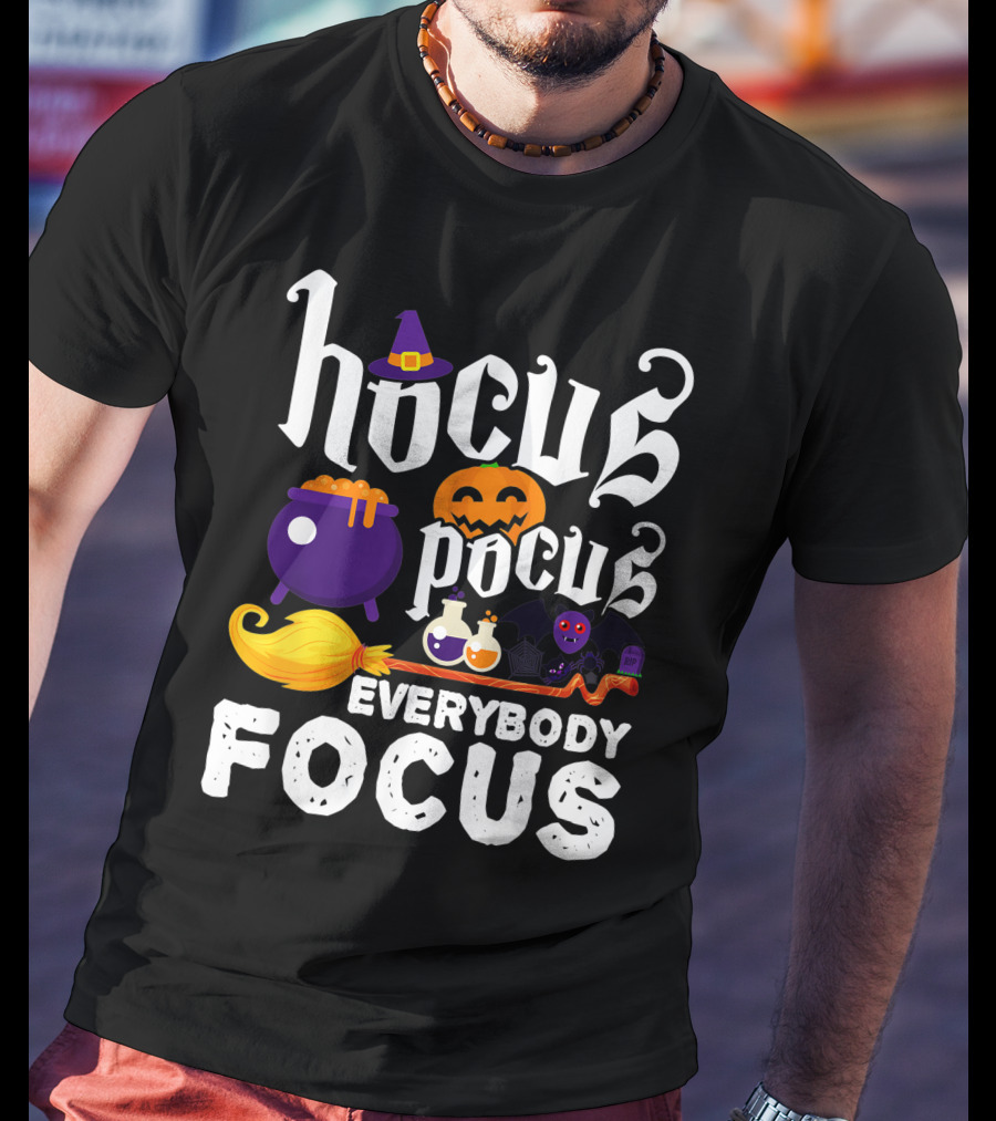 Hocus Pocus Everybody Focus Funny Halloween Costume Cauldron Pumpkin Broom Bat Potions T-Shirt