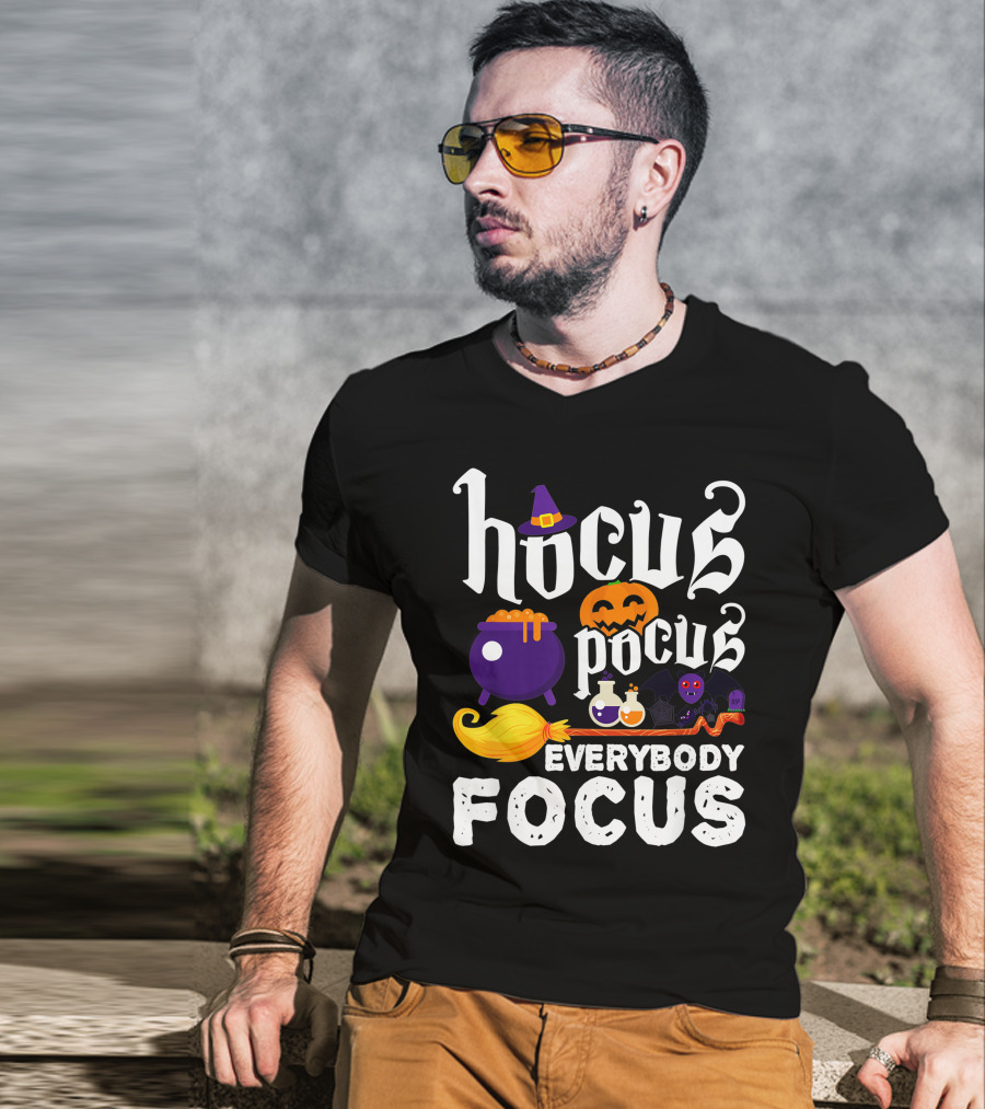 Hocus Pocus Everybody Focus Funny Halloween Costume Cauldron Pumpkin Broom Bat Potions T-Shirt