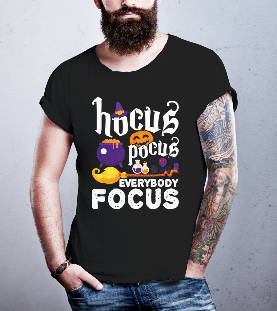 Hocus Pocus Everybody Focus Funny Halloween Costume Cauldron Pumpkin Broom Bat Potions T-Shirt