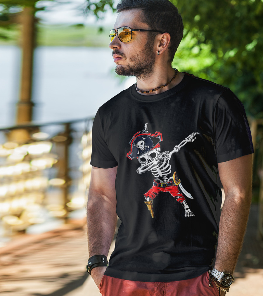 Dabbing Skeleton Pirate With Skull Hat And Sword T-Shirt