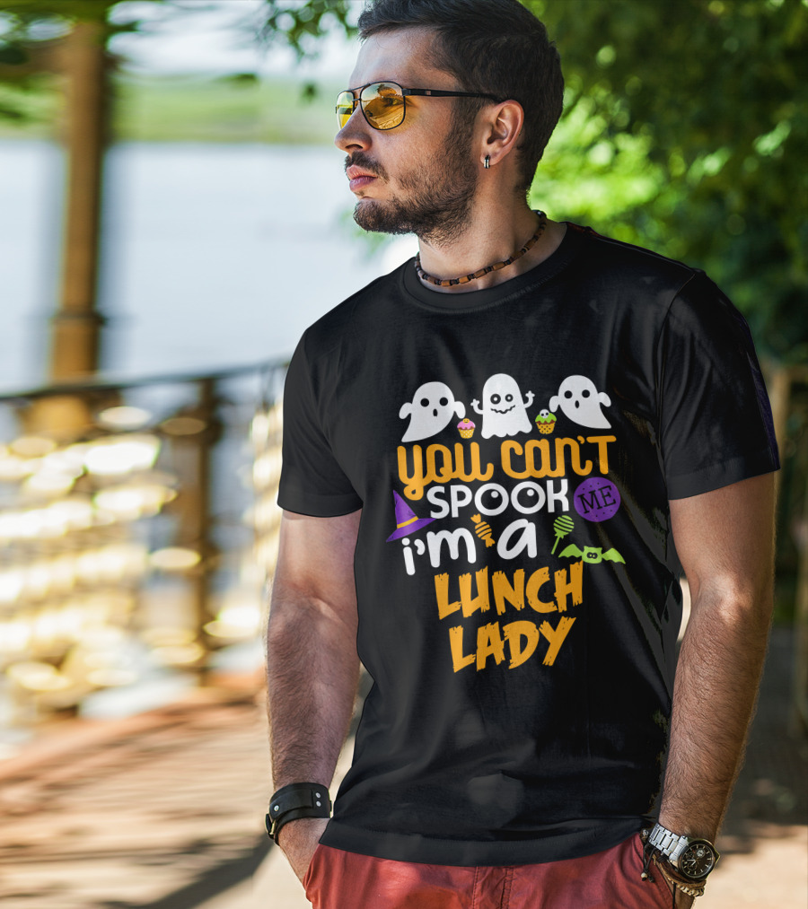 You Can't Spook Me I'm A Lunch Lady Halloween Costume Party Ghosts Candy Cupcakes Bat Hat T-Shirt