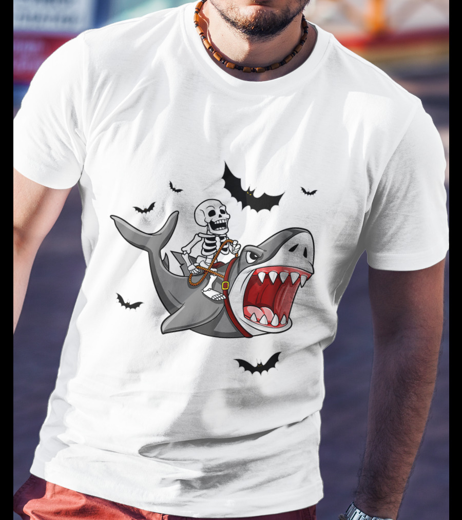 Skeleton Riding Shark With Bats T-Shirt