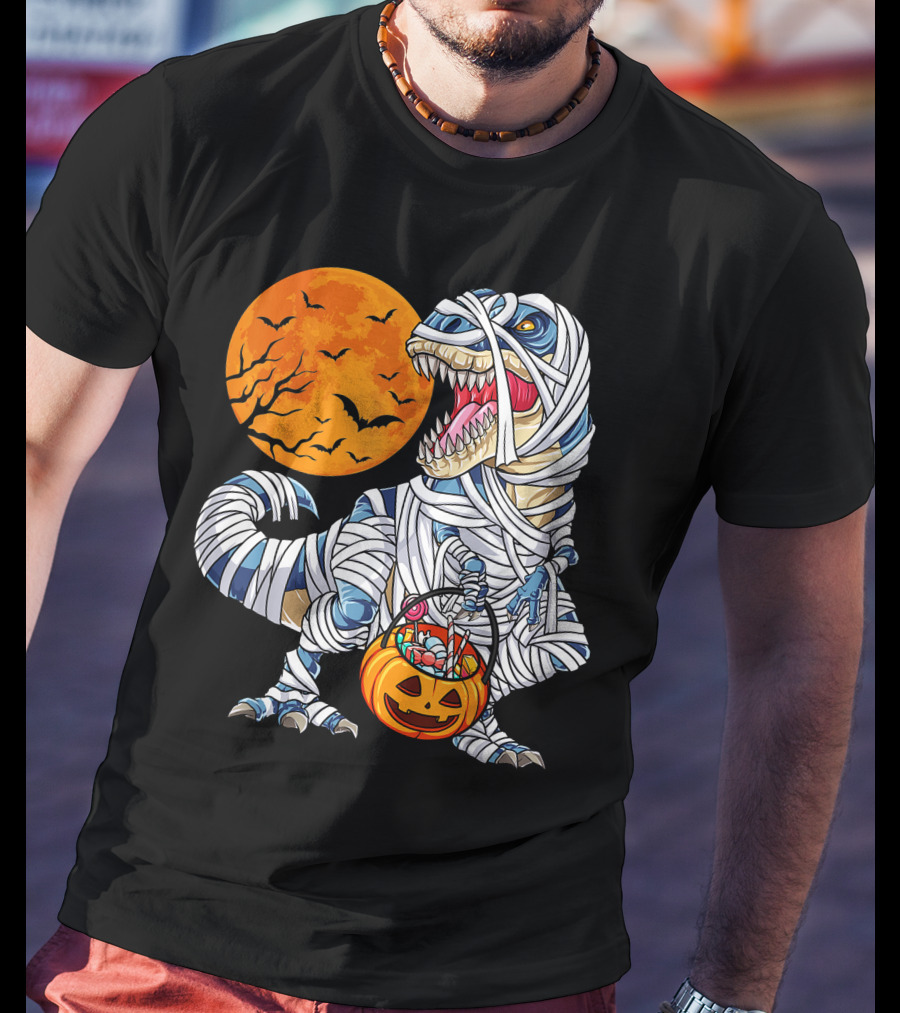 Halloween Dinosaur T-Rex Mummy Pumpkin Moon Bats T-Shirt