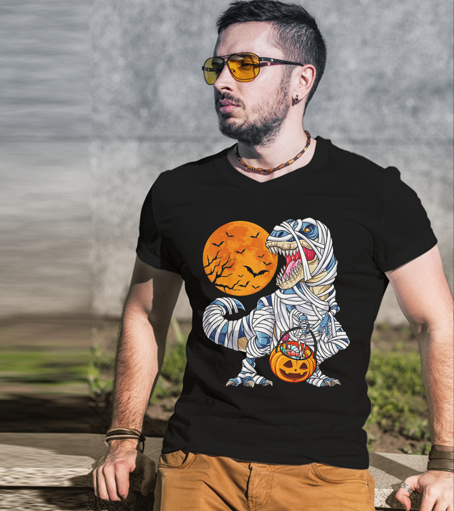 Halloween Dinosaur T-Rex Mummy Pumpkin Moon Bats T-Shirt