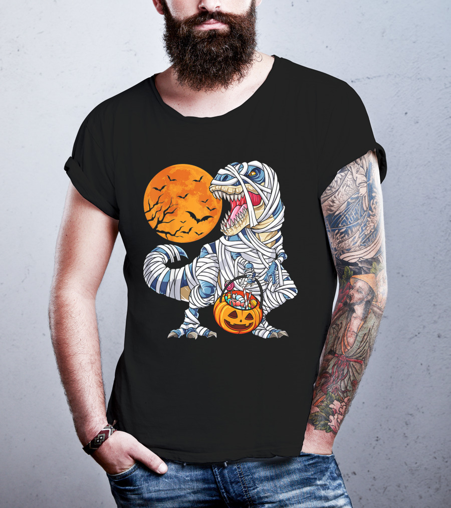 Halloween Dinosaur T-Rex Mummy Pumpkin Moon Bats T-Shirt