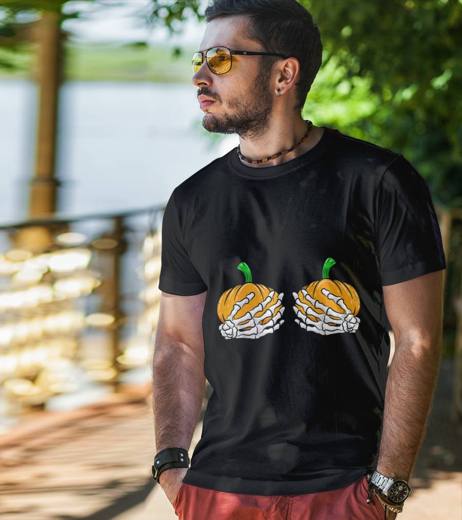 Halloween Pumpkin Skeleton Hands Bra T-Shirt