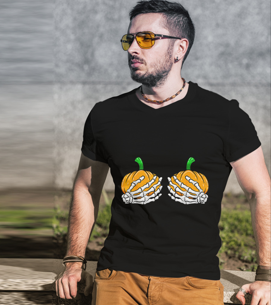 Halloween Pumpkin Skeleton Hands Bra T-Shirt