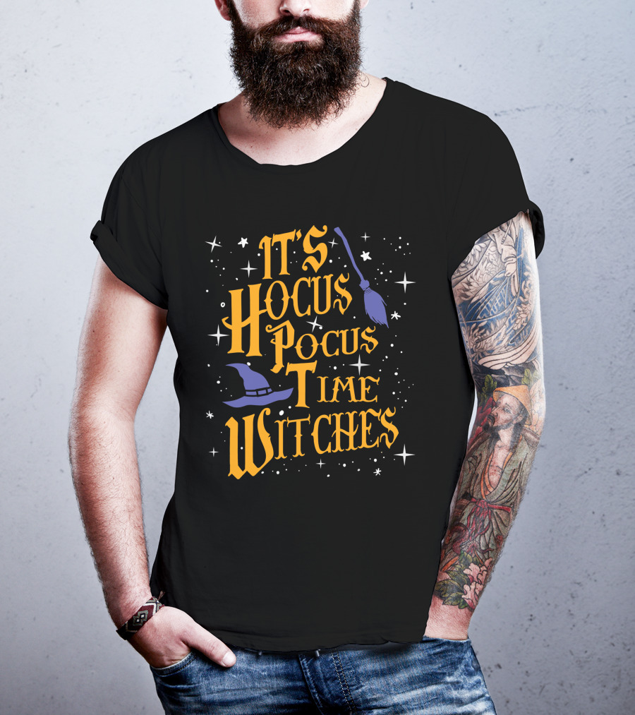Halloween It's Hocus Pocus Time Witches With Stars Broom And Hat T-Shirt