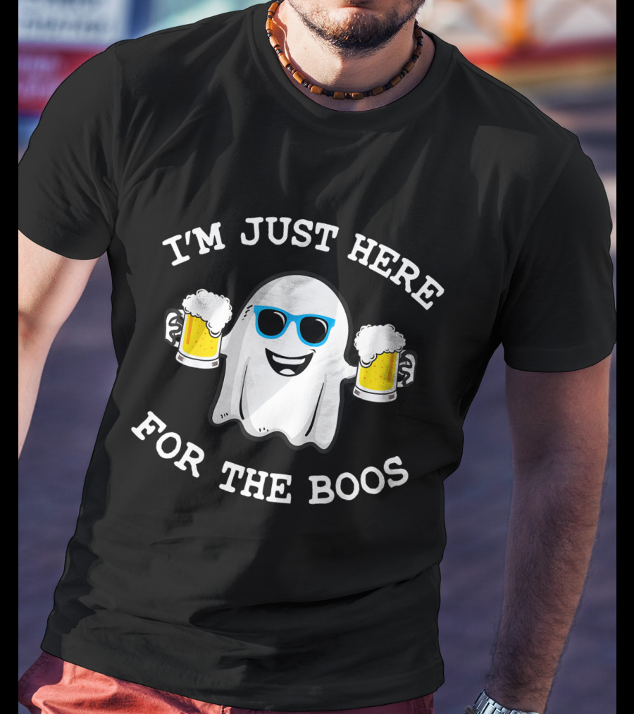 I'm Just Here For The Boos Funny Halloween Ghost With Beers And Sunglasses T-Shirt