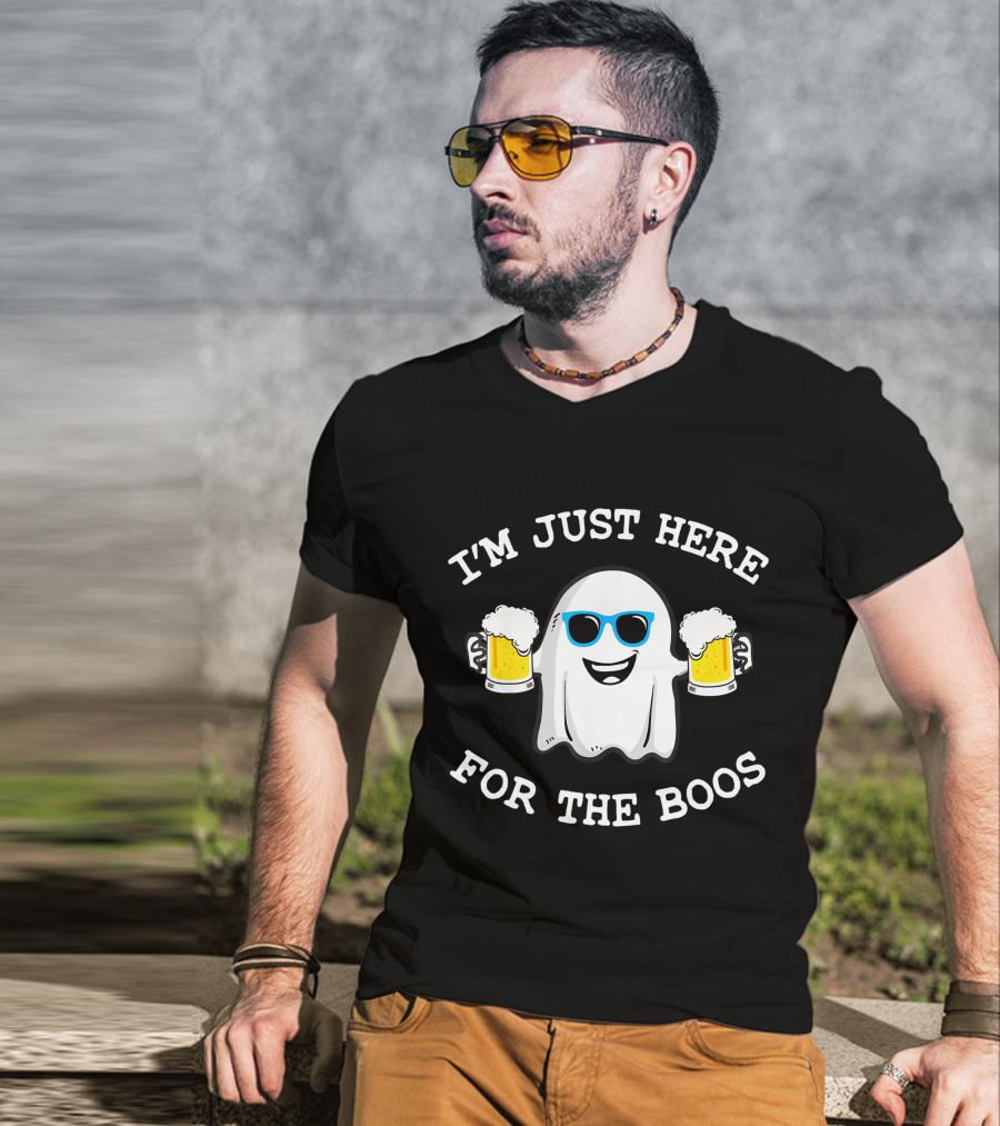 I'm Just Here For The Boos Funny Halloween Ghost With Beers And Sunglasses T-Shirt