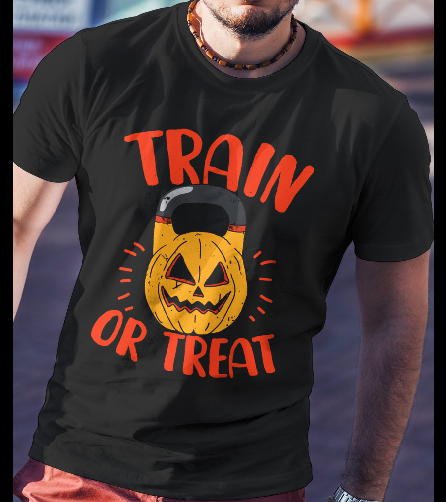 Train Or Treat Pumpkin Kettlebell T-Shirt