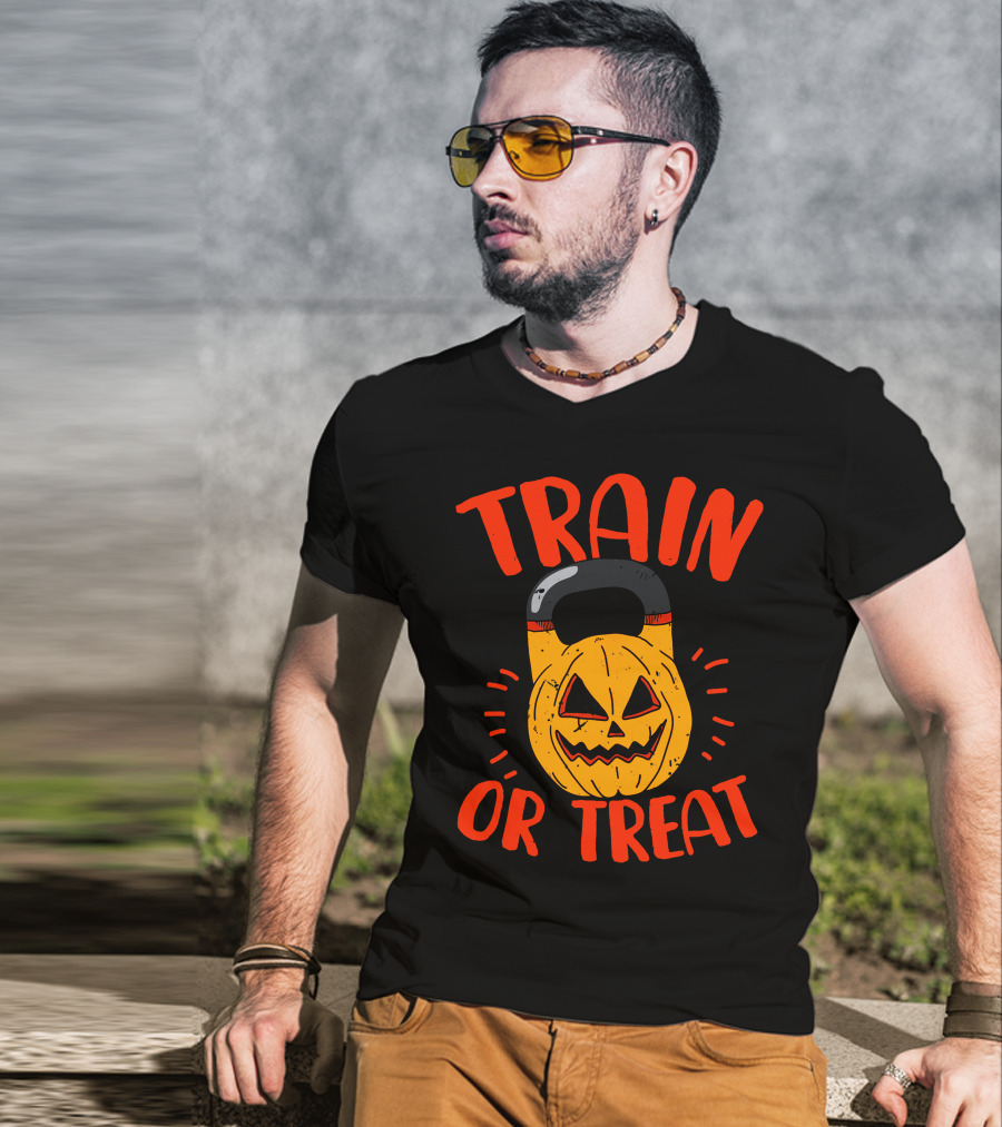 Train Or Treat Pumpkin Kettlebell T-Shirt