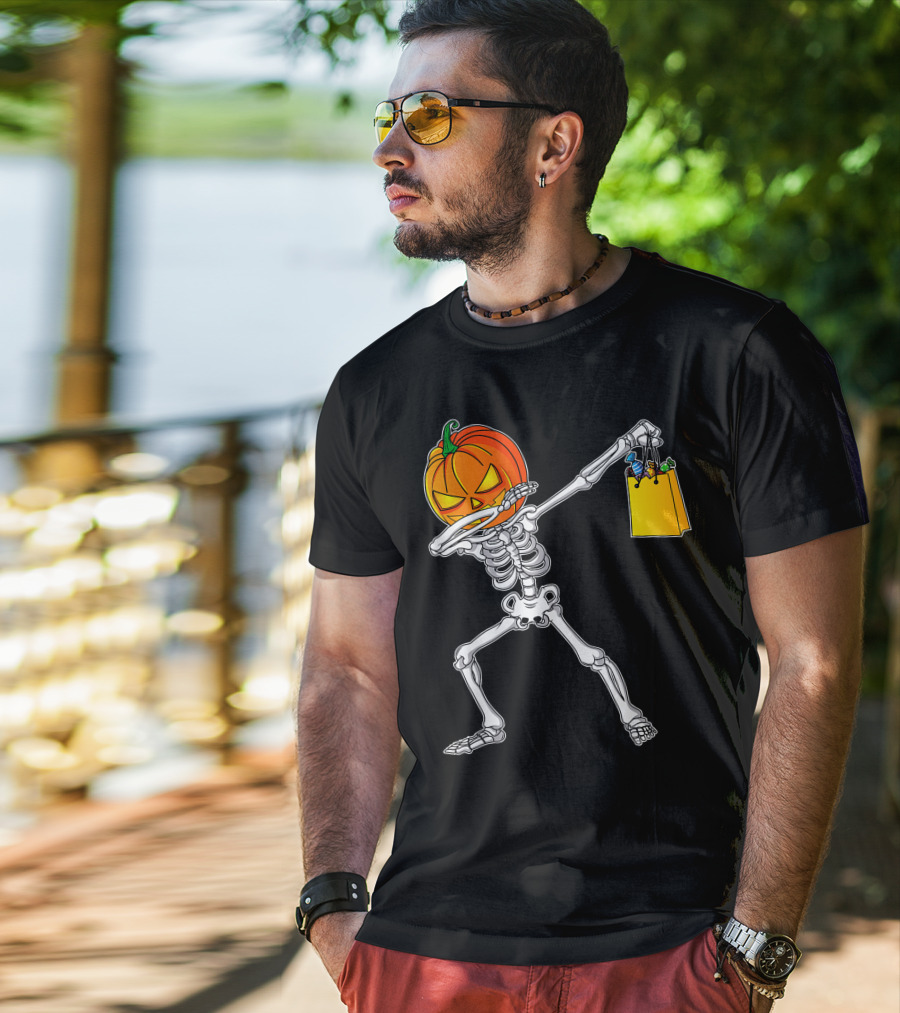 Funny Dabbing Skeleton With Pumpkin Head And Candy Bag For Halloween Kids T-Shirt