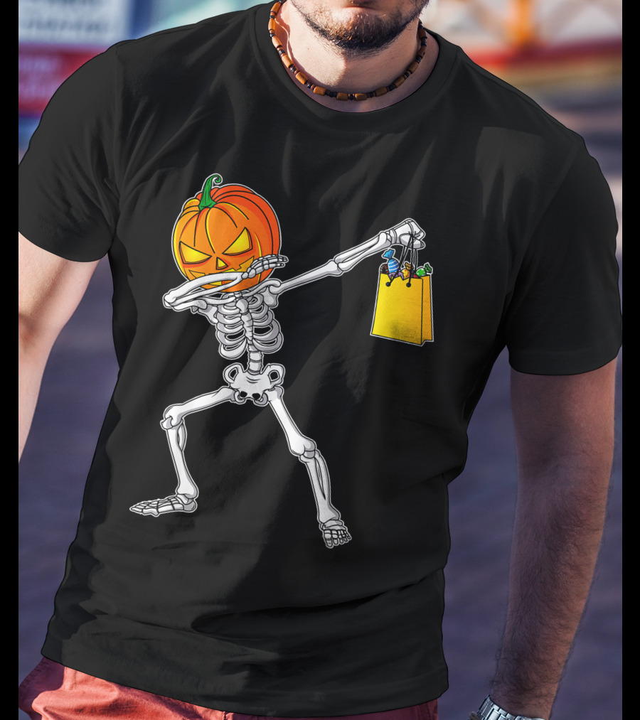 Funny Dabbing Skeleton With Pumpkin Head And Candy Bag For Halloween Kids T-Shirt