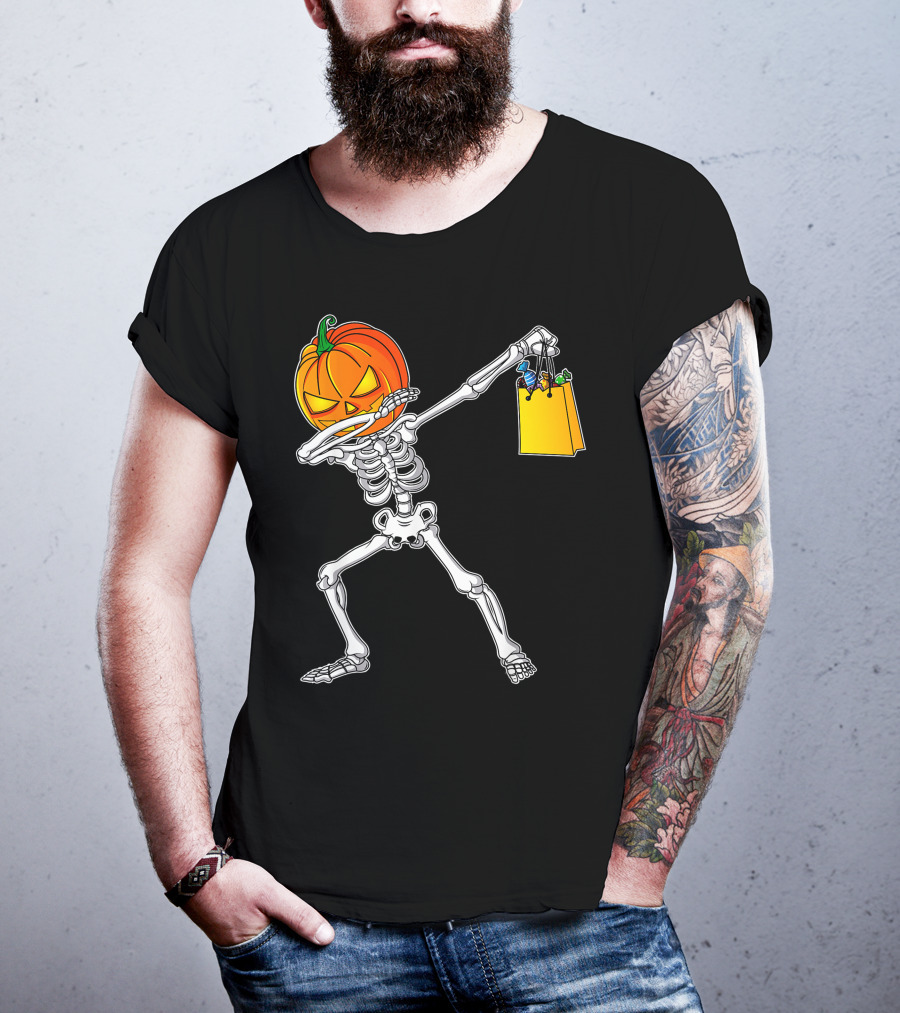 Funny Dabbing Skeleton With Pumpkin Head And Candy Bag For Halloween Kids T-Shirt