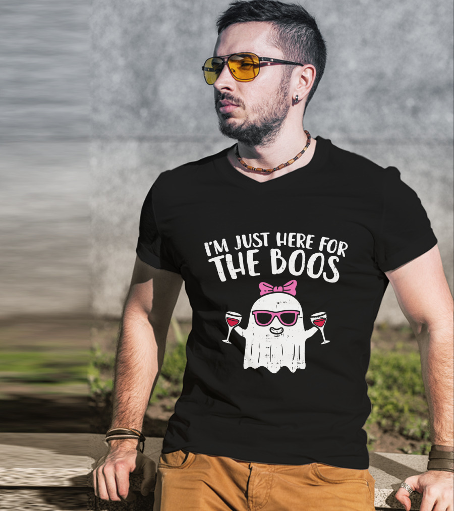 I'm Just Here For The Boos Ghost With Wine Glasses Halloween T-Shirt