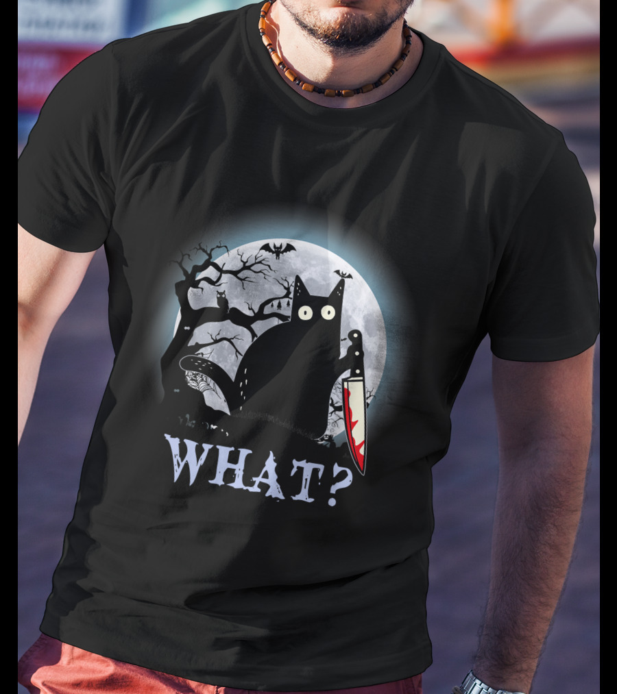 What? Black Cat With Knife Moon Halloween Scene T-Shirt