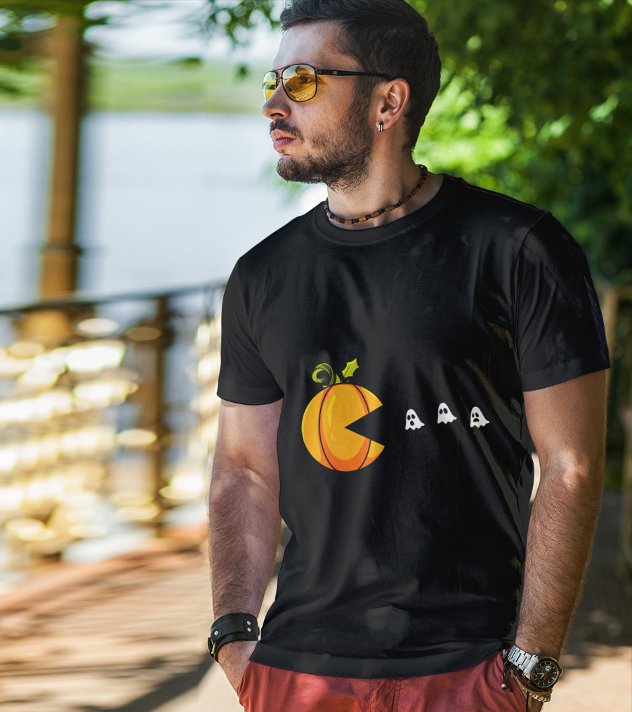 Pumpkin Pac-Man Chomping Ghosts Halloween T-Shirt