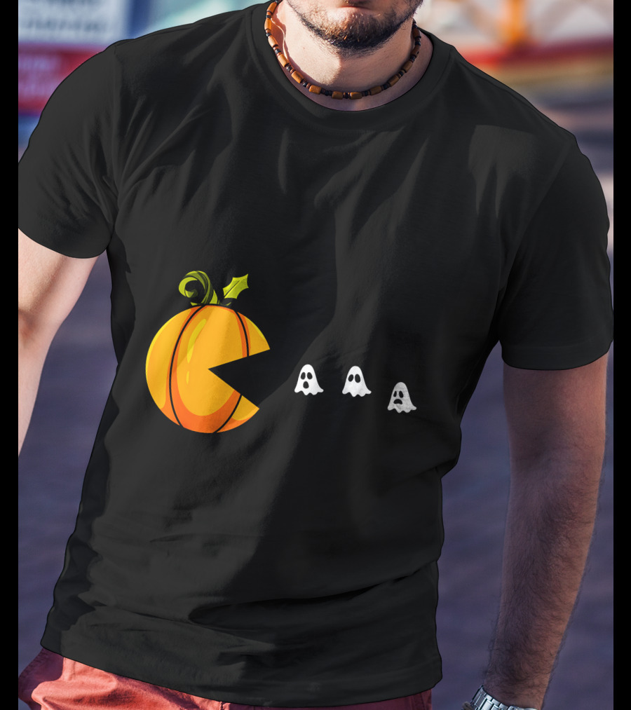 Pumpkin Pac-Man Chomping Ghosts Halloween T-Shirt