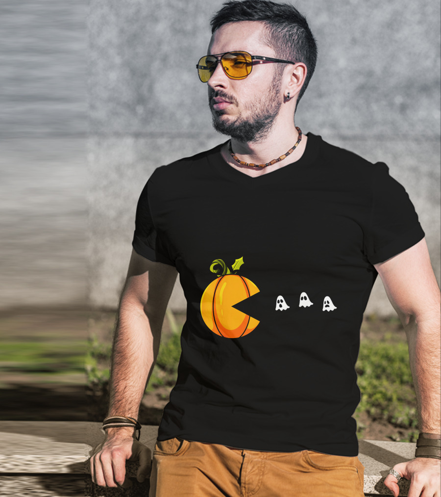 Pumpkin Pac-Man Chomping Ghosts Halloween T-Shirt