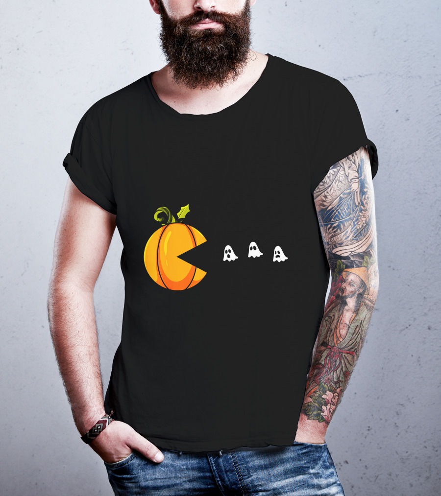 Pumpkin Pac-Man Chomping Ghosts Halloween T-Shirt