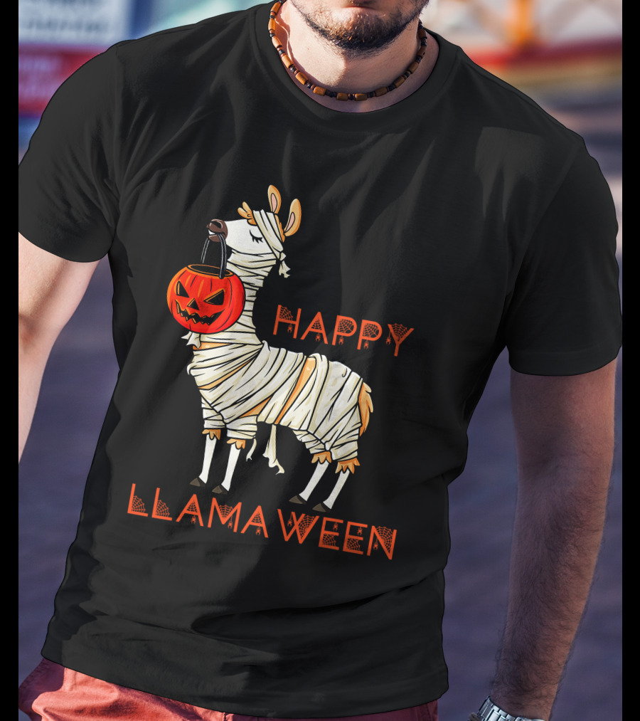 Happy Llamaween Funny Halloween Mummy Llama With Pumpkin Girls T-Shirt