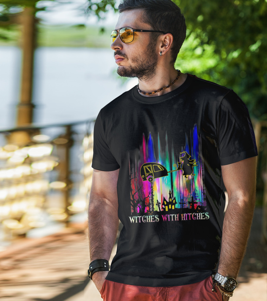 Witches With Hitches Halloween Camping Scene With Colorful Background T-Shirt