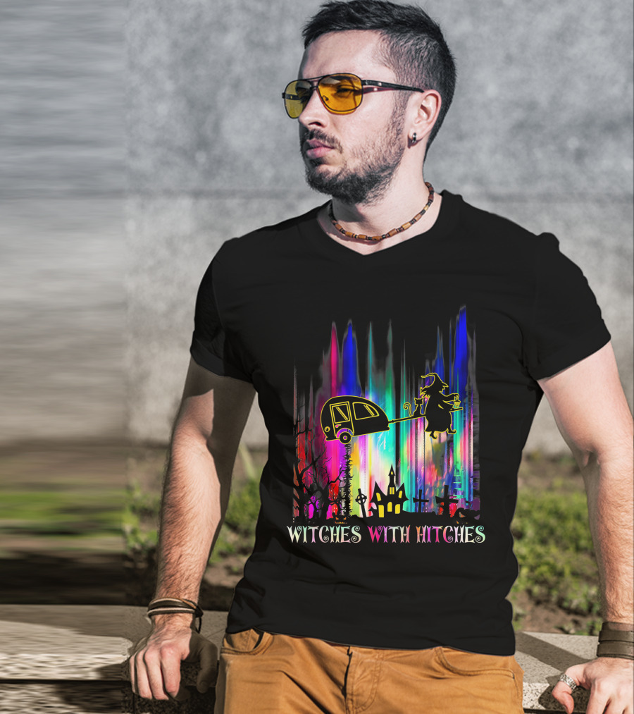 Witches With Hitches Halloween Camping Scene With Colorful Background T-Shirt