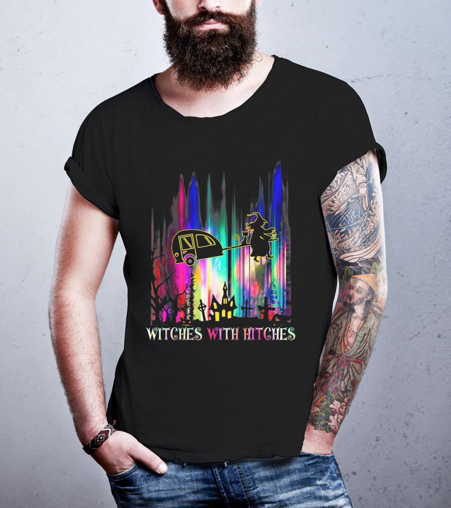 Witches With Hitches Halloween Camping Scene With Colorful Background T-Shirt