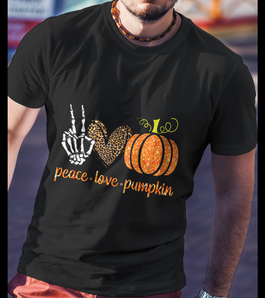 Peace Love Pumpkin Halloween Fall Girls Skeleton Leopard Print T-Shirt