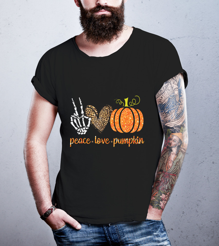 Peace Love Pumpkin Halloween Fall Girls Skeleton Leopard Print T-Shirt