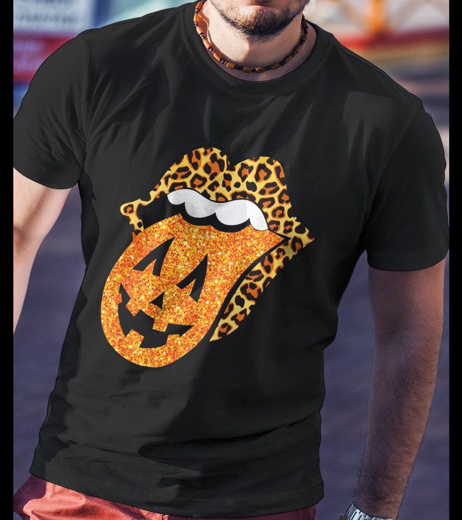 Leopard Lips Pumpkin Tongue Halloween Jack-O'-Lantern Face T-Shirt