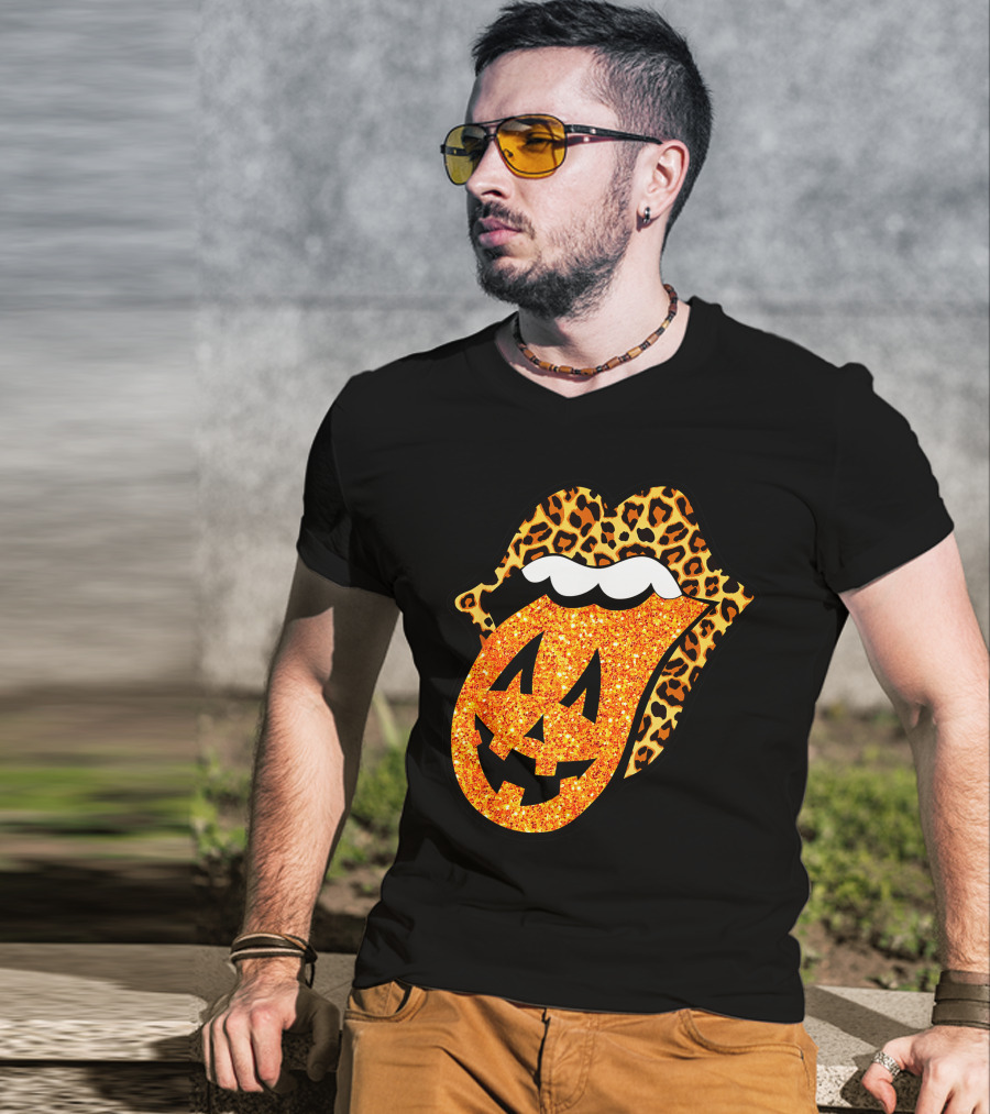 Leopard Lips Pumpkin Tongue Halloween Jack-O'-Lantern Face T-Shirt