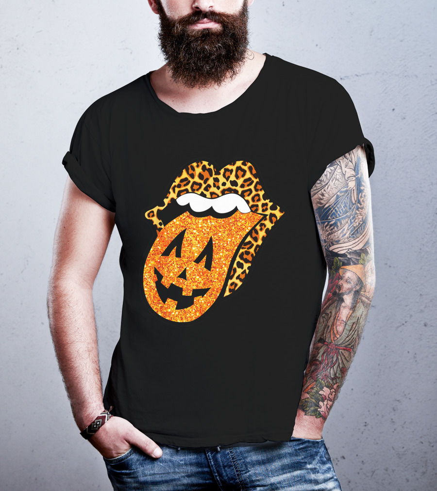 Leopard Lips Pumpkin Tongue Halloween Jack-O'-Lantern Face T-Shirt