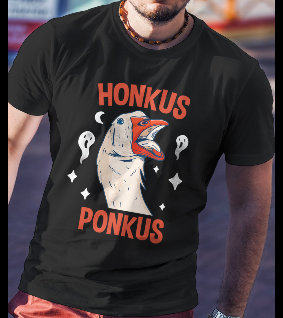 Honkus Ponkus Funny Halloween Duck With Ghosts And Stars T-Shirt