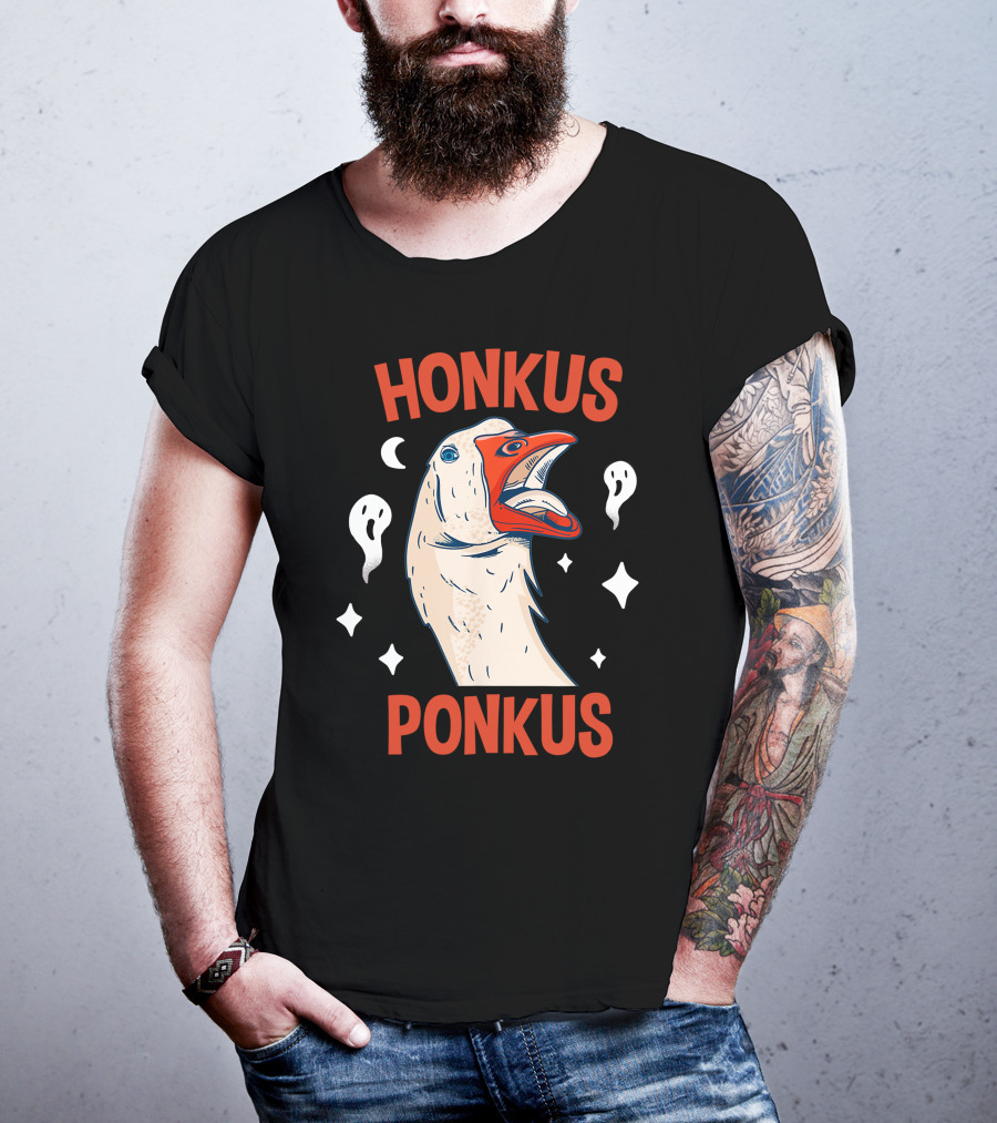 Honkus Ponkus Funny Halloween Duck With Ghosts And Stars T-Shirt