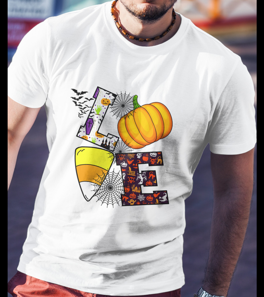 Love Pumpkin Candy Corn Halloween Spiderweb Bats Ghosts T-Shirt