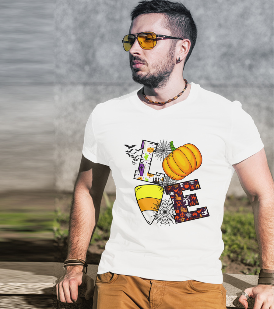 Love Pumpkin Candy Corn Halloween Spiderweb Bats Ghosts T-Shirt