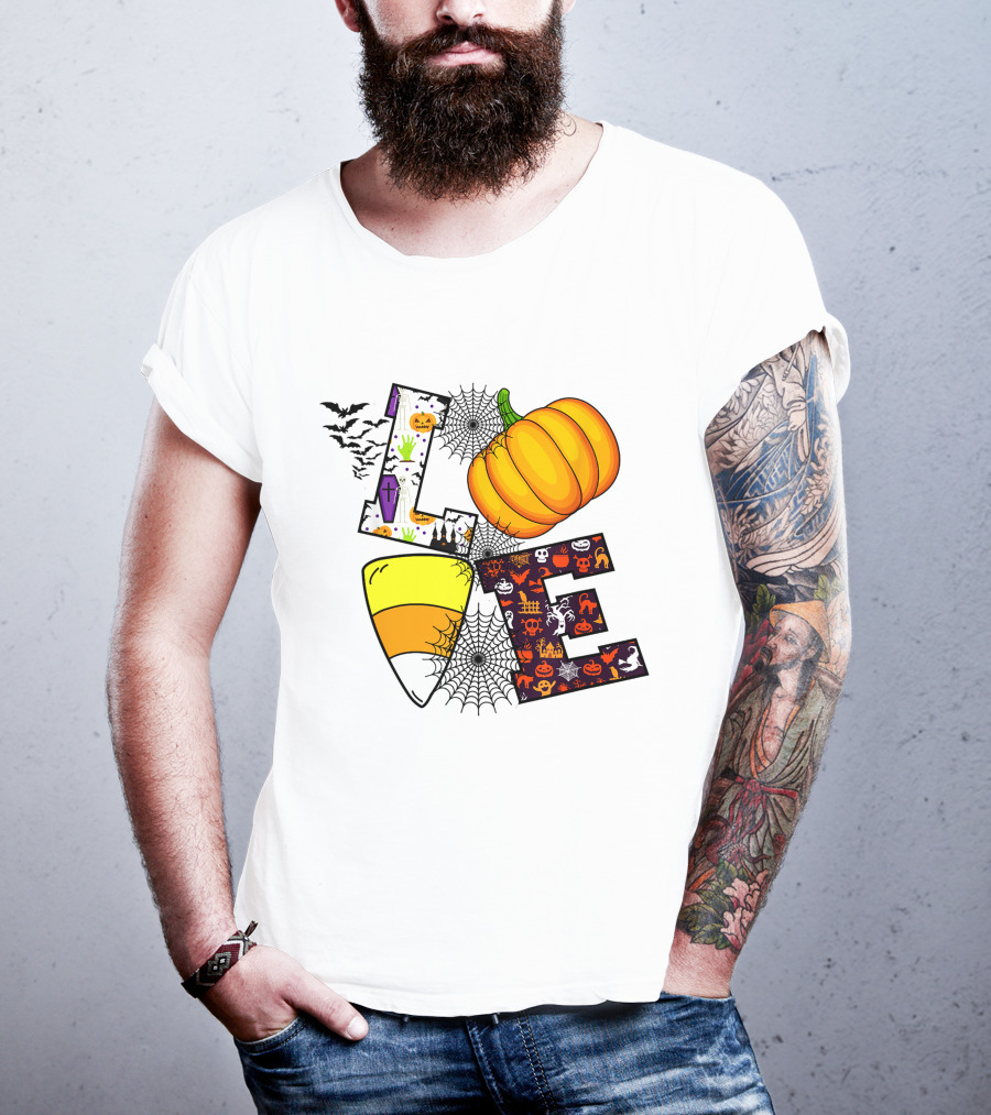 Love Pumpkin Candy Corn Halloween Spiderweb Bats Ghosts T-Shirt