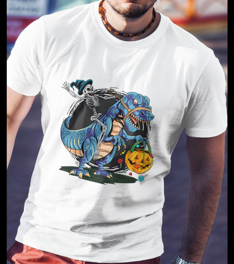Skeleton Riding Dinosaur Halloween Candy Pumpkin Monster T-Shirt
