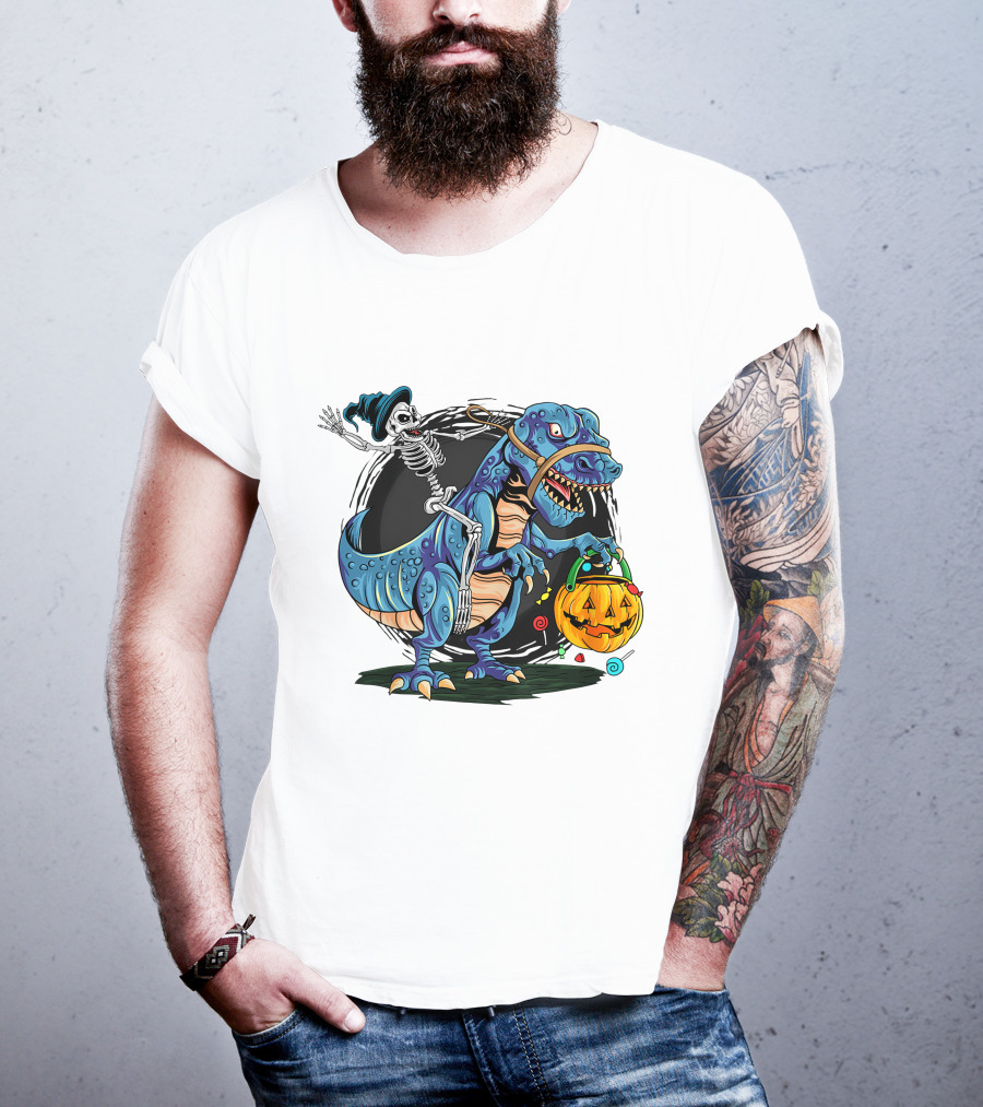Skeleton Riding Dinosaur Halloween Candy Pumpkin Monster T-Shirt