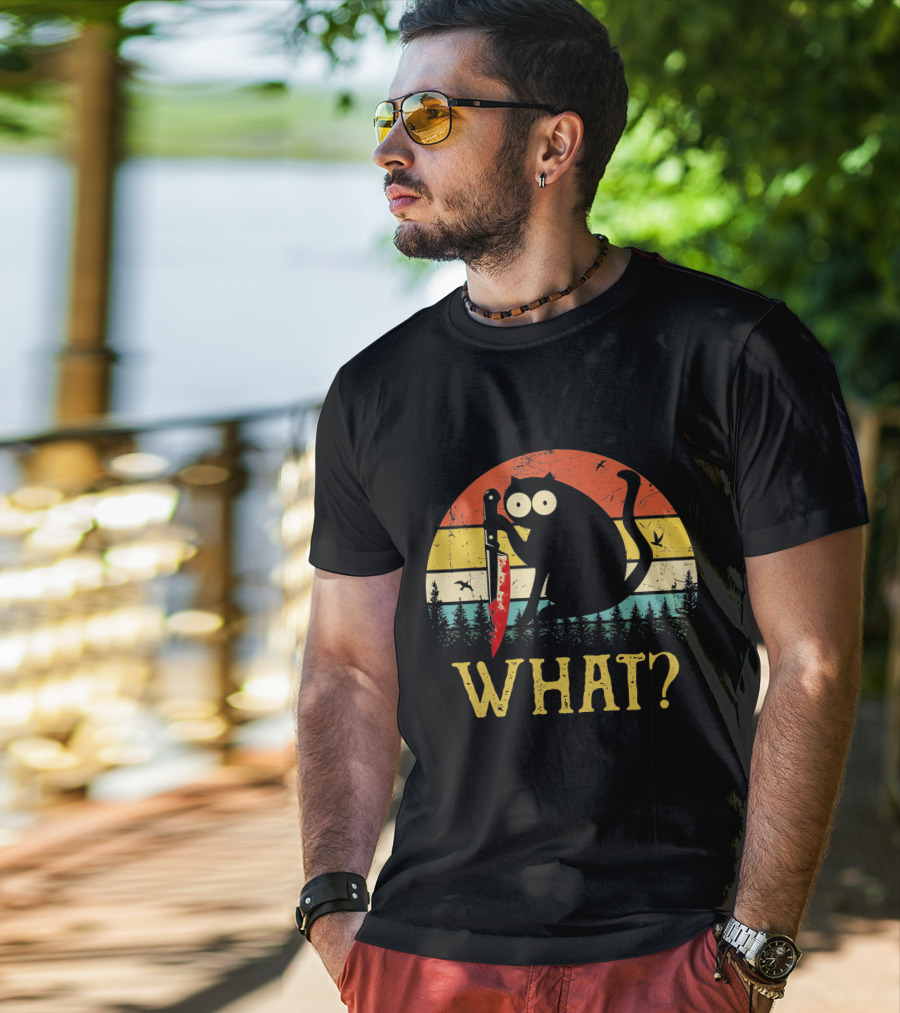 Black Cat What Retro Vintage Knife Sunset T-Shirt