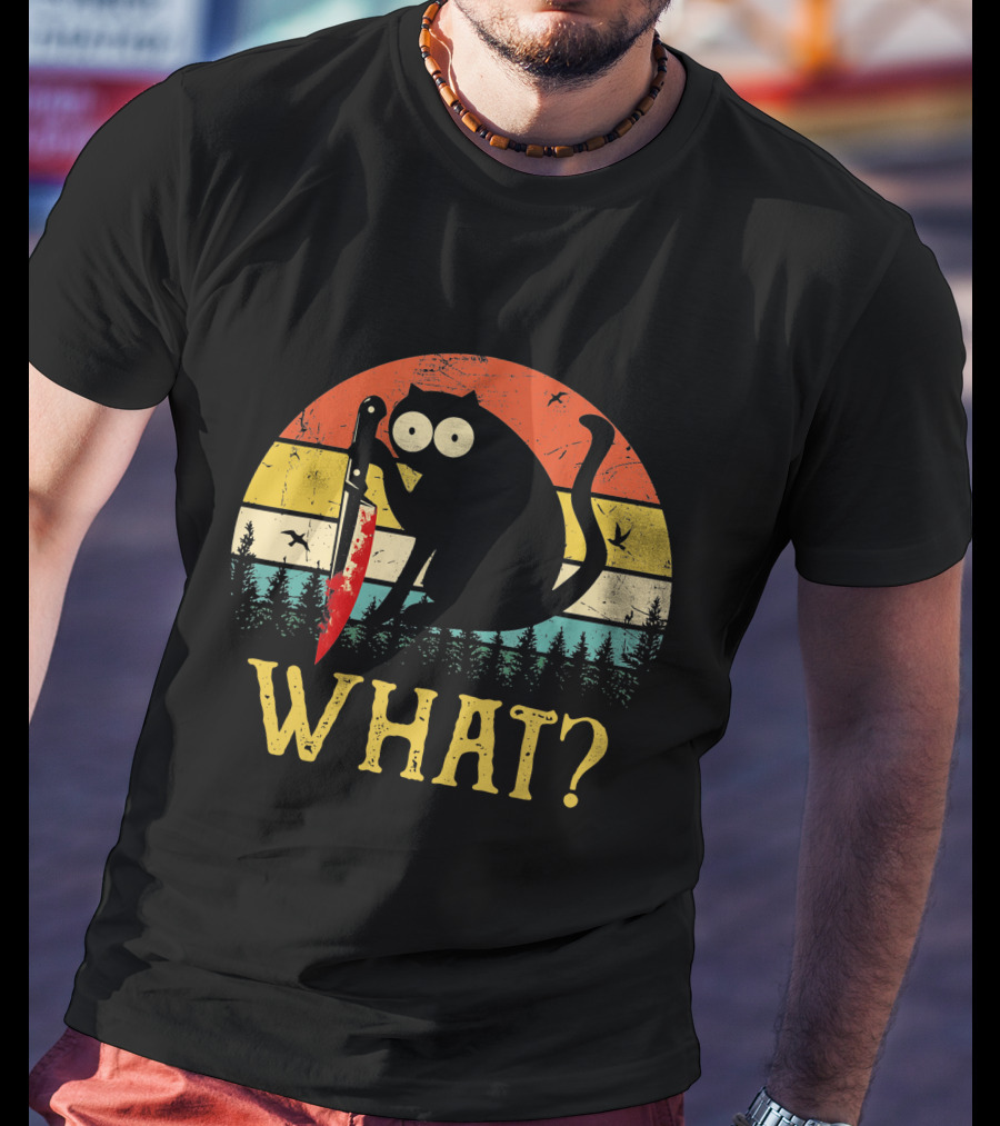 Black Cat What Retro Vintage Knife Sunset T-Shirt