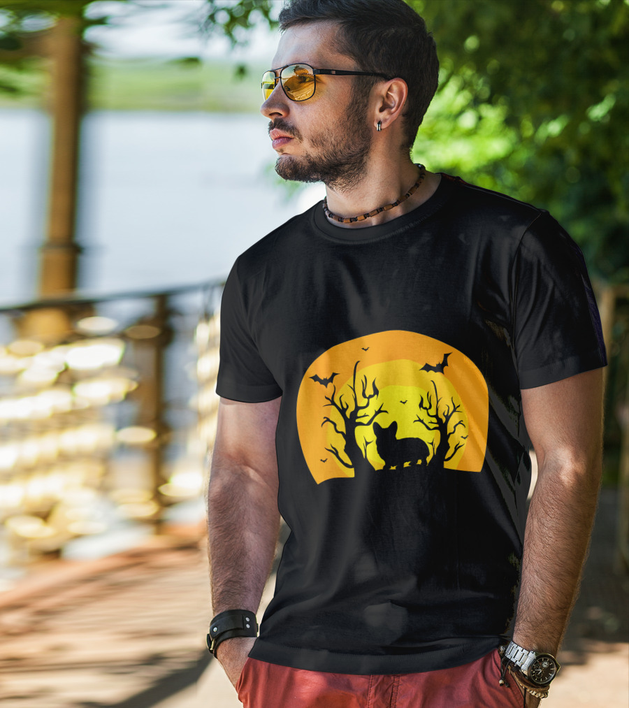 Corgi Dog Bat Halloween Silhouette With Moon And Trees T-Shirt