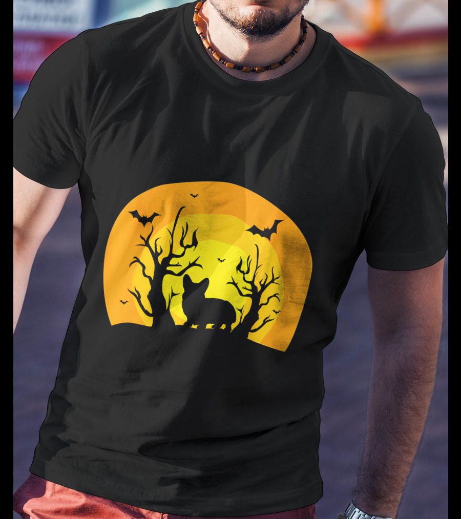 Corgi Dog Bat Halloween Silhouette With Moon And Trees T-Shirt